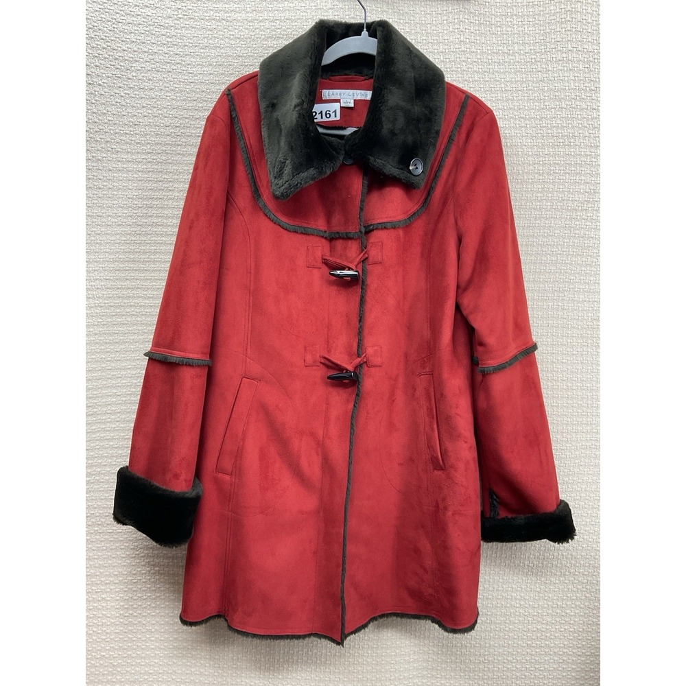 Larry Levine Vintage Y2K Penny Lane Boho Red Black Trim Coat Faux Fur Collar L